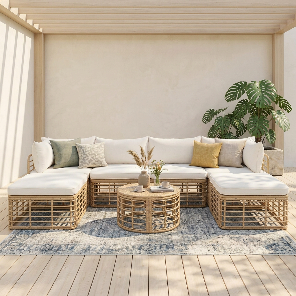 Beige Rattan Patio Sectional Set