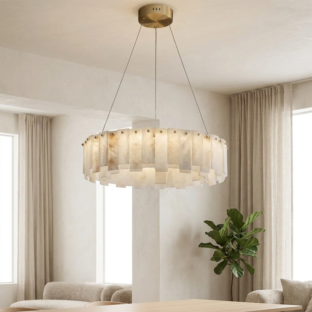 Celestial Chandelier in a warm minimal Scandinavian dining room